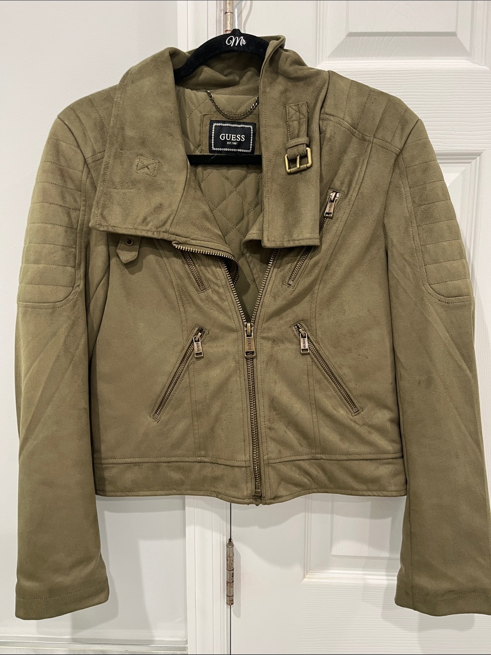 GUESS Olive Green Suede Moto Jacket with Buckle Collar